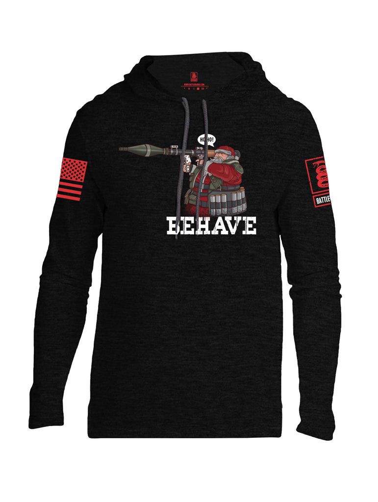 Battleraddle Ho Ho Santa Behave Christmas Holiday Ugly Red Sleeve Print Mens Thin Cotton Lightweight Hoodie