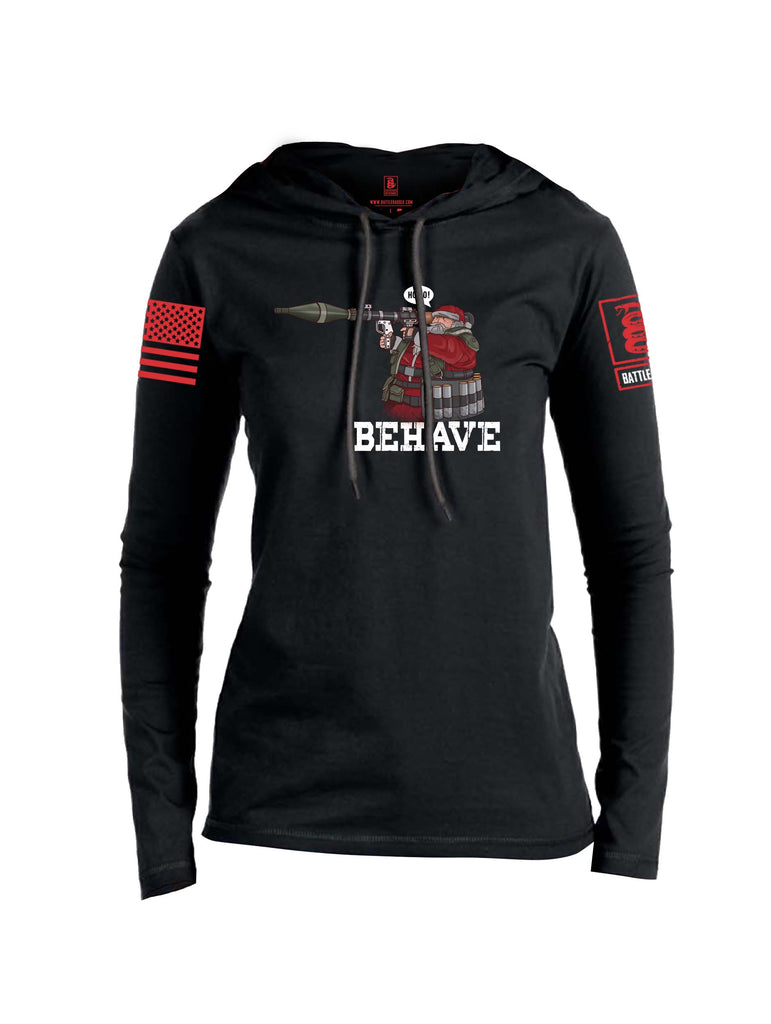 Battleraddle Ho Ho Santa Behave Christmas Holiday Ugly Red Sleeve Print Womens Thin Cotton Lightweight Hoodie