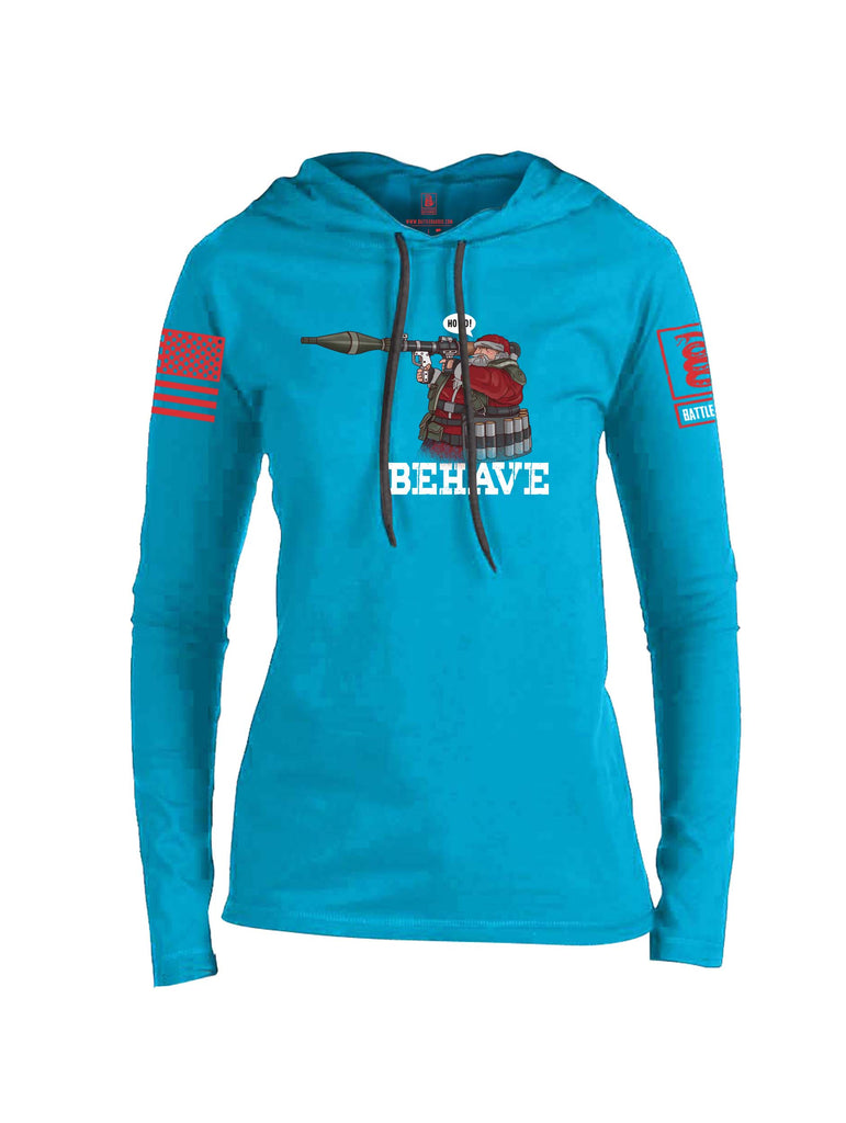 Battleraddle Ho Ho Santa Behave Christmas Holiday Ugly Red Sleeve Print Womens Thin Cotton Lightweight Hoodie