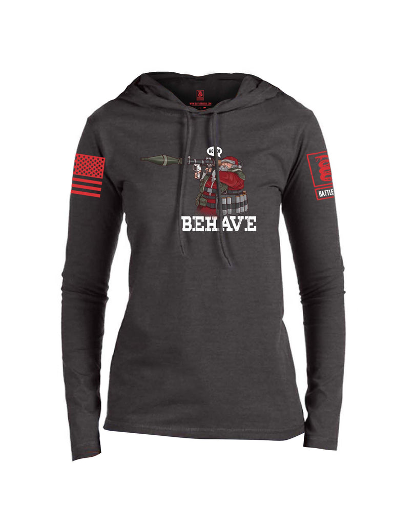 Battleraddle Ho Ho Santa Behave Christmas Holiday Ugly Red Sleeve Print Womens Thin Cotton Lightweight Hoodie