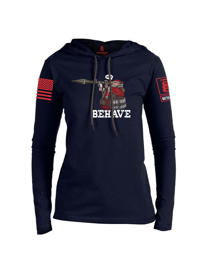 Battleraddle Ho Ho Santa Behave Christmas Holiday Ugly Red Sleeve Print Womens Thin Cotton Lightweight Hoodie