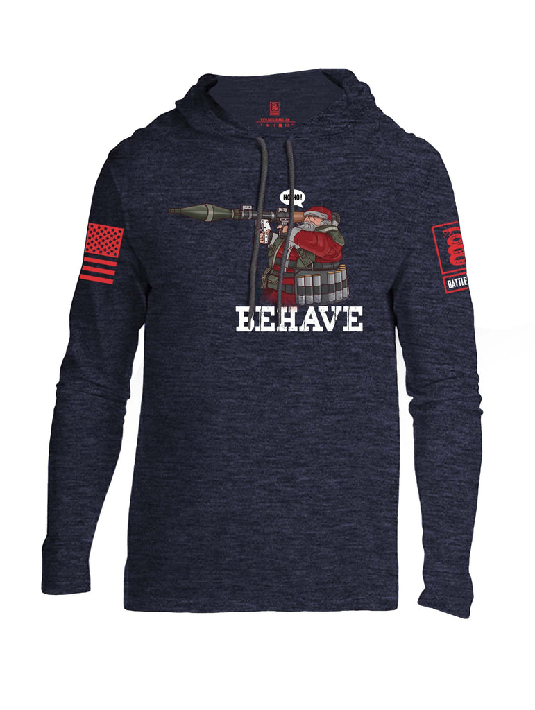 Battleraddle Ho Ho Santa Behave Christmas Holiday Ugly Red Sleeve Print Mens Thin Cotton Lightweight Hoodie