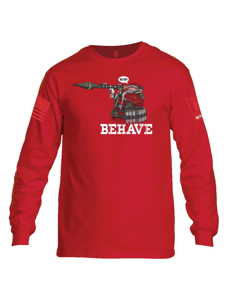 Battleraddle Ho Ho Santa Behave Christmas Holiday Ugly Red Sleeve Print Mens Cotton Long Sleeve Crew Neck T Shirt