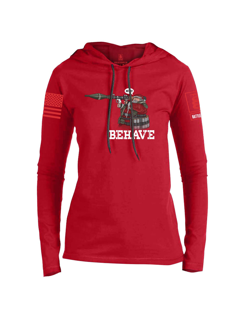 Battleraddle Ho Ho Santa Behave Christmas Holiday Ugly Red Sleeve Print Womens Thin Cotton Lightweight Hoodie