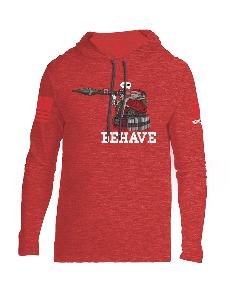 Battleraddle Ho Ho Santa Behave Christmas Holiday Ugly Red Sleeve Print Mens Thin Cotton Lightweight Hoodie