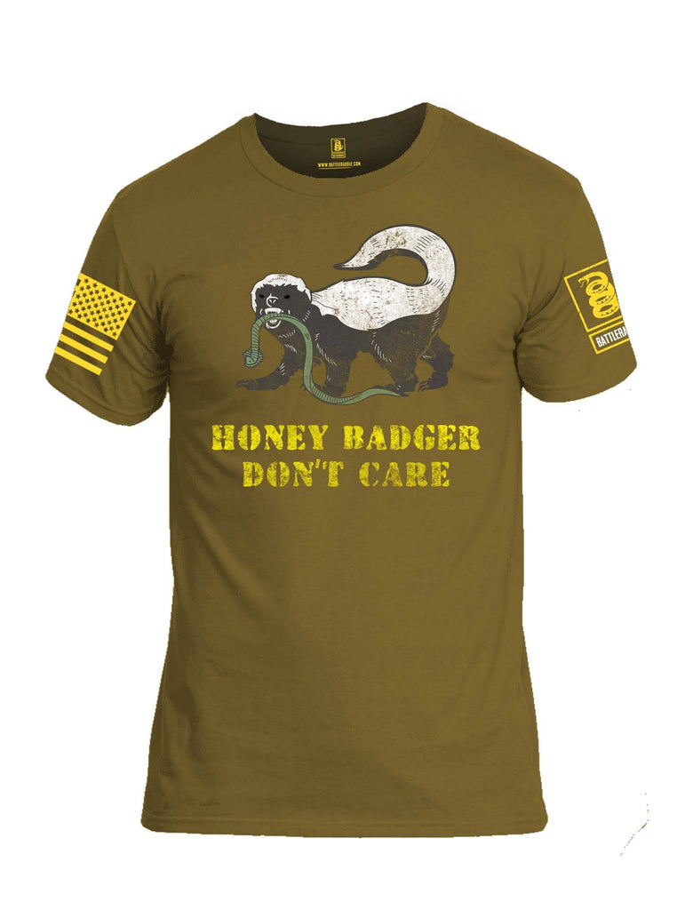 Battleraddle Honey Badger Dont Care Yellow Sleeve Print Mens Cotton Crew Neck T Shirt shirt|custom|veterans|Apparel-Mens T Shirt-cotton
