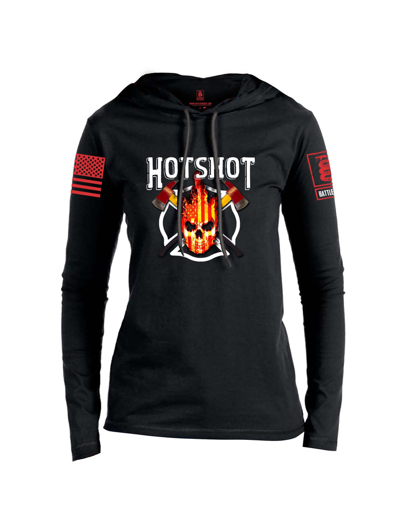 Battleraddle Hotshot Cross Pulaski USA Flag Firefighter Thin Red Line Flame Skull Red Sleeve Print Womens Thin Cotton Lightweight Hoodie