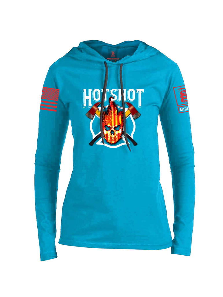 Battleraddle Hotshot Cross Pulaski USA Flag Firefighter Thin Red Line Flame Skull Red Sleeve Print Womens Thin Cotton Lightweight Hoodie