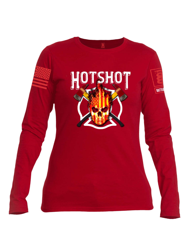 Battleraddle Hotshot Cross Pulaski USA Flag Firefighter Thin Red Line Flame Skull Red Sleeve Print Womens Cotton Long Sleeve Crew Neck T Shirt