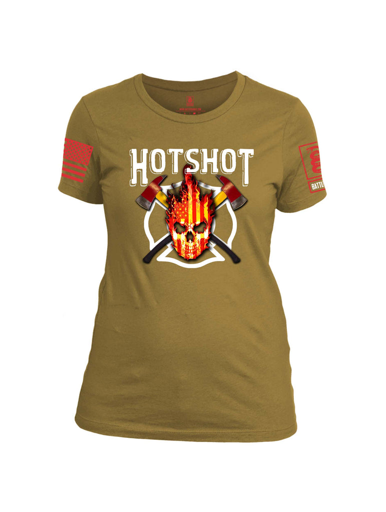 Battleraddle Hotshot Cross Pulaski USA Flag Firefighter Thin Red Line Flame Skull Red Sleeve Print Womens Cotton Crew Neck T Shirt