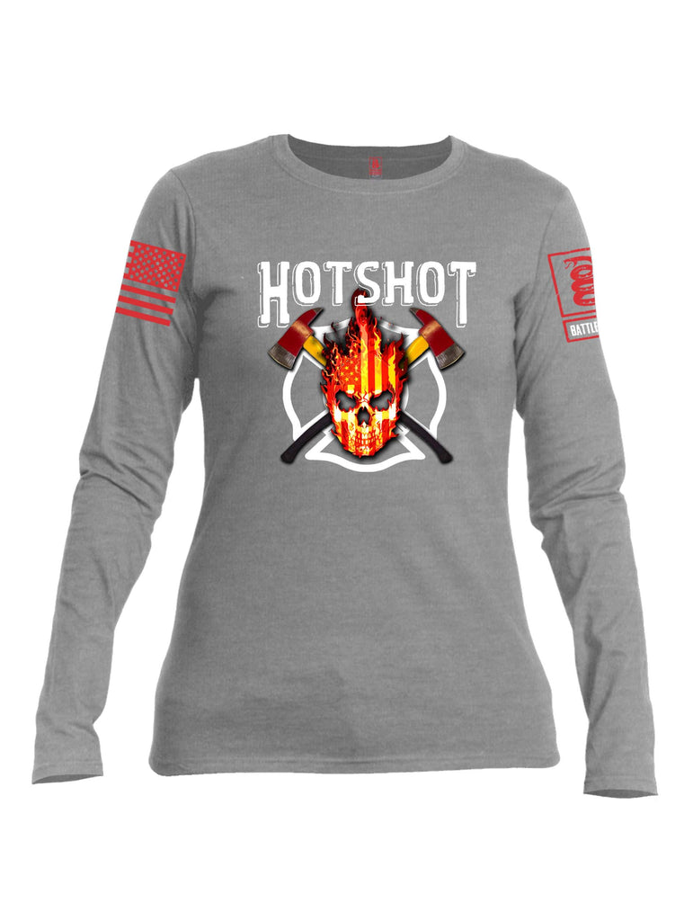 Battleraddle Hotshot Cross Pulaski USA Flag Firefighter Thin Red Line Flame Skull Red Sleeve Print Womens Cotton Long Sleeve Crew Neck T Shirt