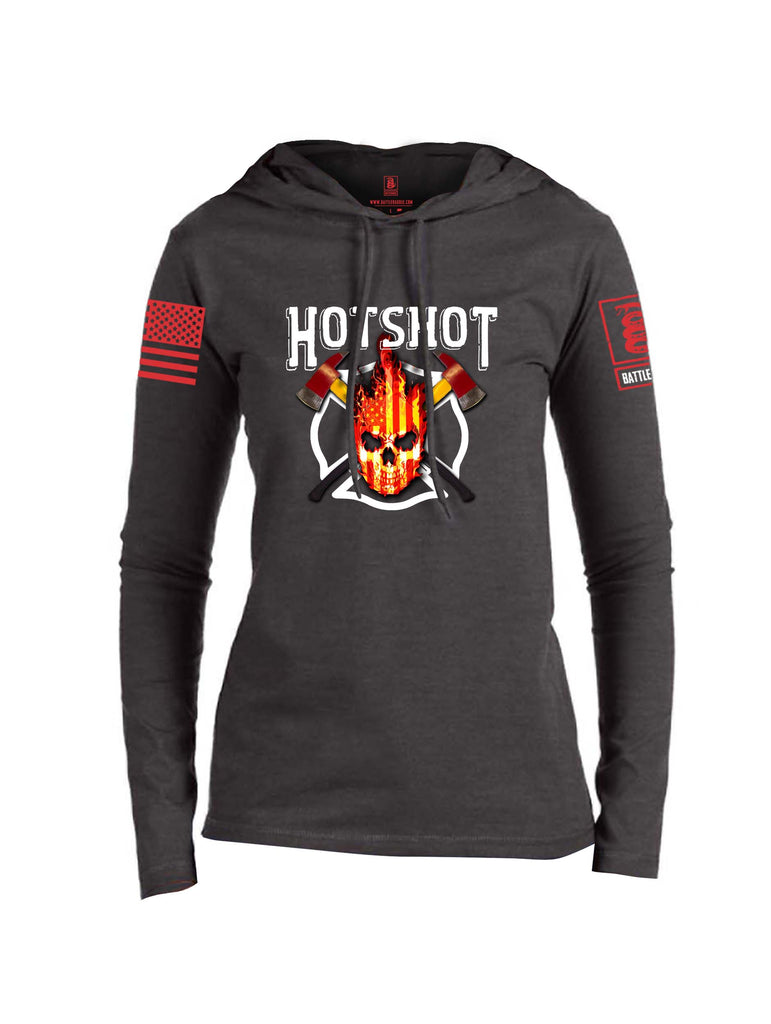 Battleraddle Hotshot Cross Pulaski USA Flag Firefighter Thin Red Line Flame Skull Red Sleeve Print Womens Thin Cotton Lightweight Hoodie