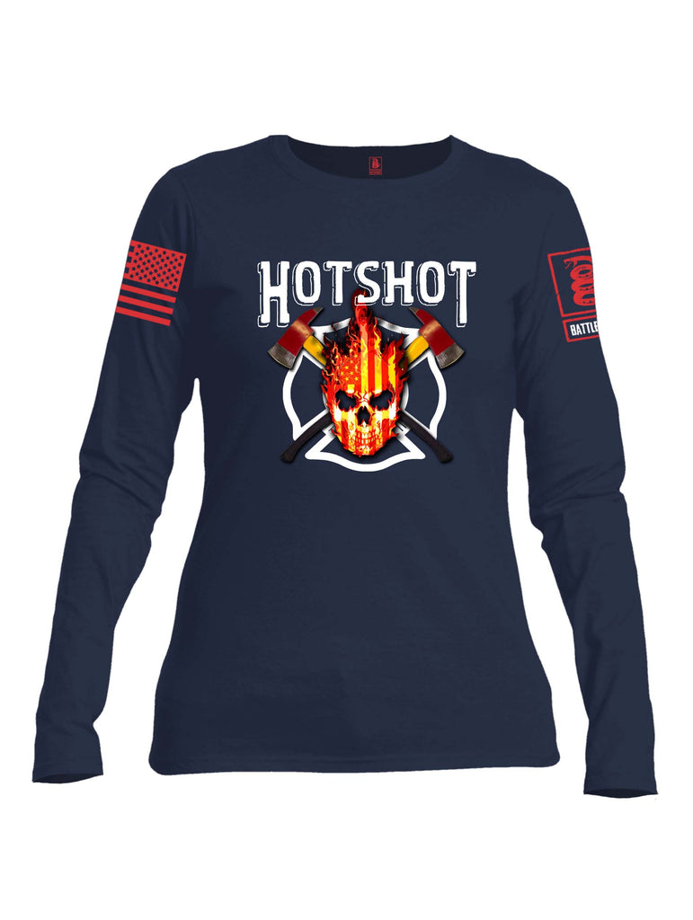 Battleraddle Hotshot Cross Pulaski USA Flag Firefighter Thin Red Line Flame Skull Red Sleeve Print Womens Cotton Long Sleeve Crew Neck T Shirt