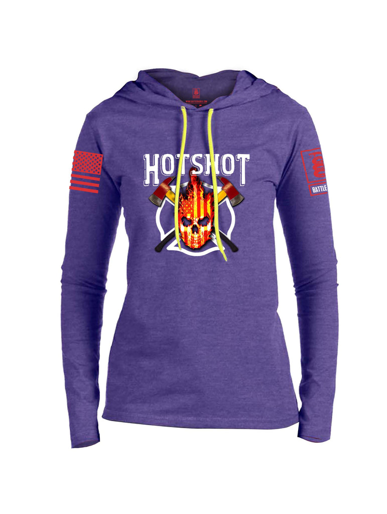 Battleraddle Hotshot Cross Pulaski USA Flag Firefighter Thin Red Line Flame Skull Red Sleeve Print Womens Thin Cotton Lightweight Hoodie
