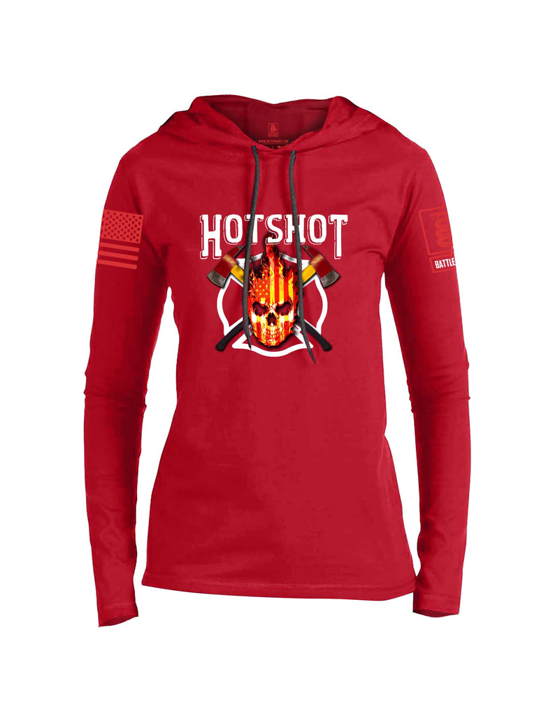 Battleraddle Hotshot Cross Pulaski USA Flag Firefighter Thin Red Line Flame Skull Red Sleeve Print Womens Thin Cotton Lightweight Hoodie