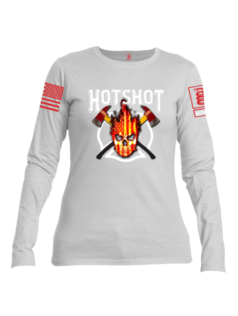 Battleraddle Hotshot Cross Pulaski USA Flag Firefighter Thin Red Line Flame Skull Red Sleeve Print Womens Cotton Long Sleeve Crew Neck T Shirt