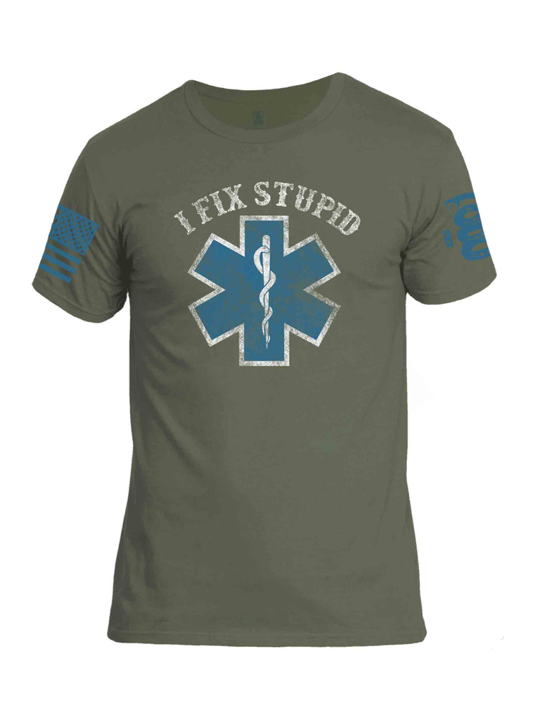 Battleraddle I Fix Stupid Blue Sleeve Print Mens Cotton Crew Neck T Shirt