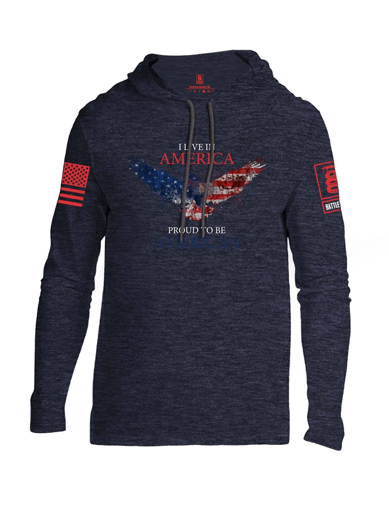 Battleraddle I Live In America Proud To Be American Red Sleeve Print Mens Thin Cotton Lightweight Hoodie shirt|custom|veterans|Apparel-Mens Hoodie-Cotton
