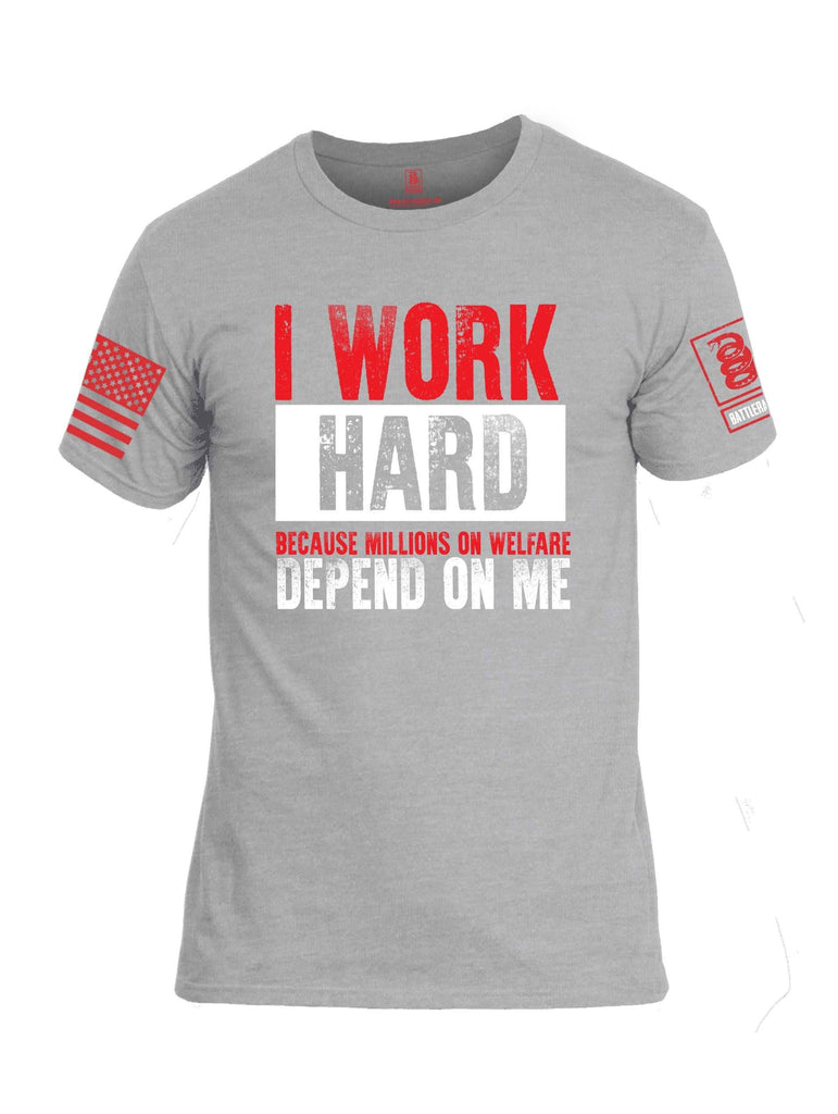 Battleraddle I Work Hard Because Millions On Welfare Depend On Me Red Sleeve Print Mens Cotton Crew Neck T Shirt shirt|custom|veterans|Apparel-Mens T Shirt-cotton
