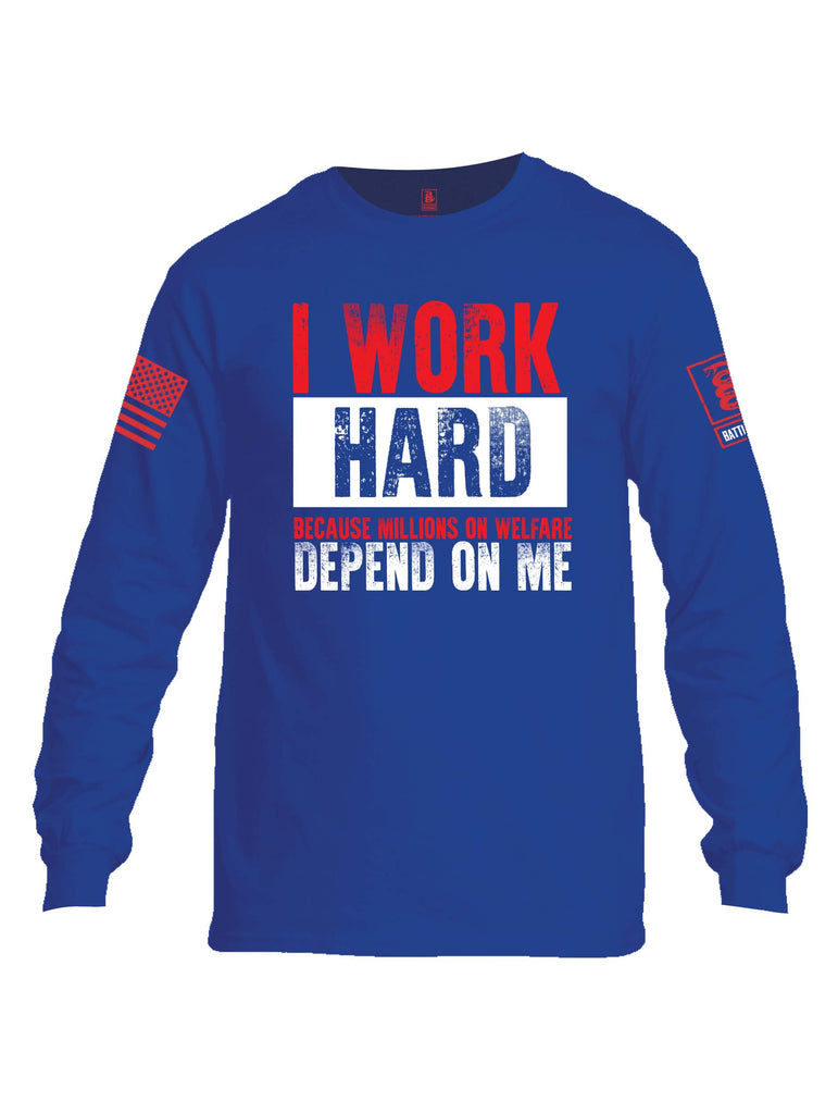 Battleraddle I Work Hard Because Millions On Welfare Depend On Me Red Sleeve Print Mens Cotton Long Sleeve Crew Neck T Shirt
