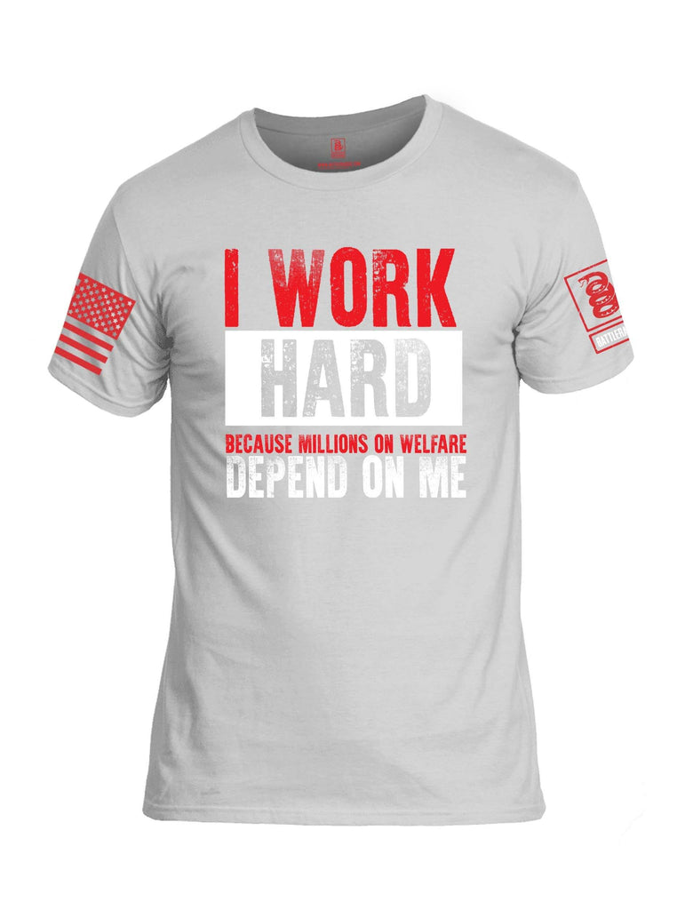 Battleraddle I Work Hard Because Millions On Welfare Depend On Me Red Sleeve Print Mens Cotton Crew Neck T Shirt shirt|custom|veterans|Apparel-Mens T Shirt-cotton