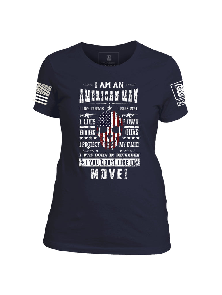 Battleraddle I Am An American Man Move Womens Veteran Patriotic Cool Cotton Crew Neck T Shirt