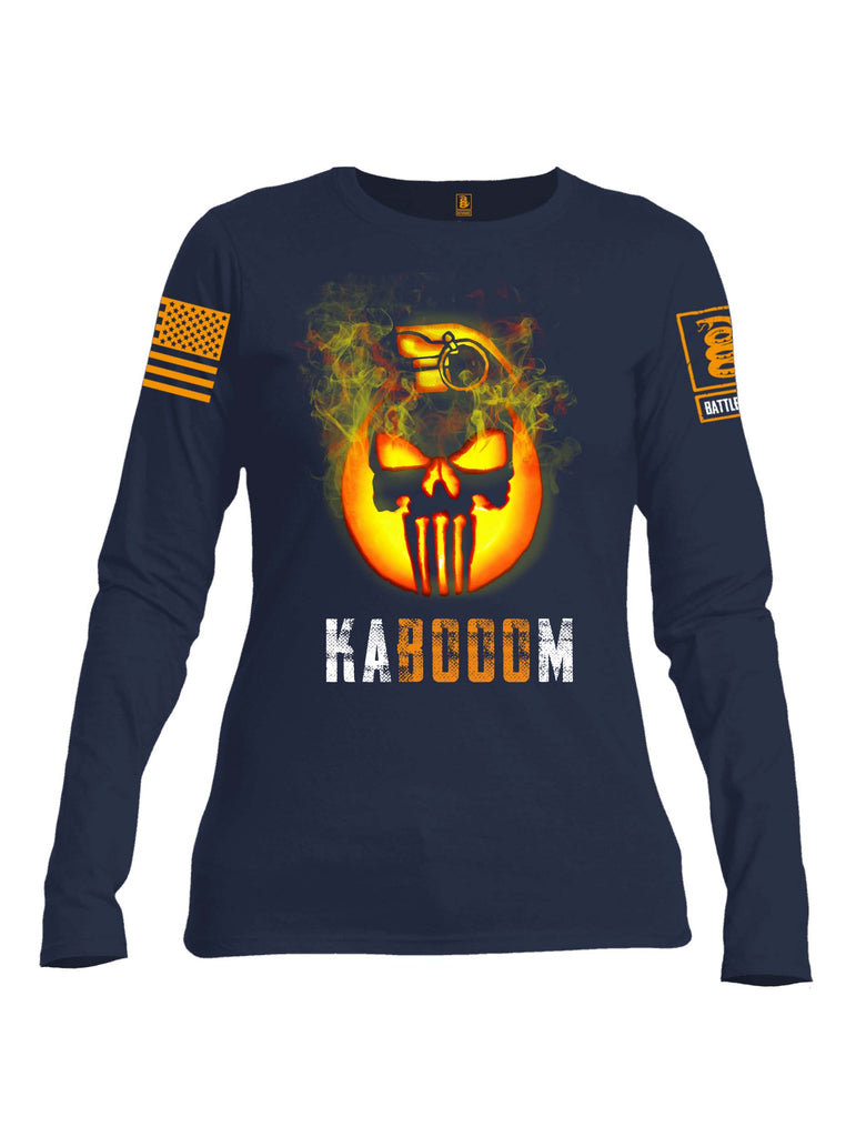 Battleraddle Expounder Skull Pumpkin Kabooom Orange Sleeve Print Womens Cotton Long Sleeve Crew Neck T Shirt