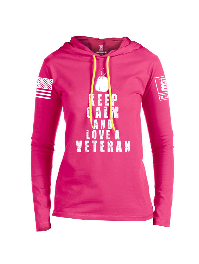 Battleraddle Keep Calm And Love A Veteran White Sleeve Print Womens Thin Cotton Lightweight Hoodie