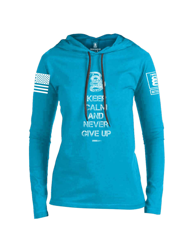 Battleraddle Keep Calm And Never Give Up White Sleeve Print Womens Thin Cotton Lightweight Hoodie