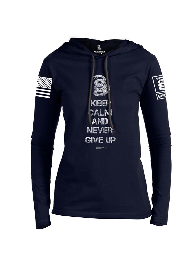 Battleraddle Keep Calm And Never Give Up White Sleeve Print Womens Thin Cotton Lightweight Hoodie