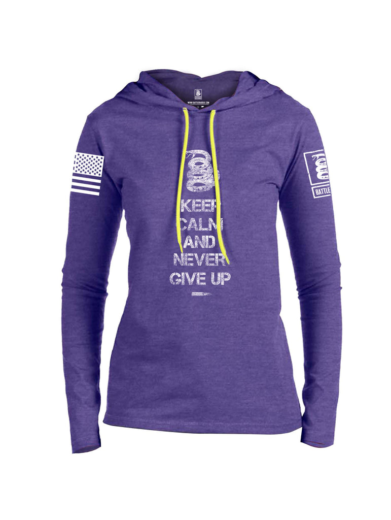 Battleraddle Keep Calm And Never Give Up White Sleeve Print Womens Thin Cotton Lightweight Hoodie