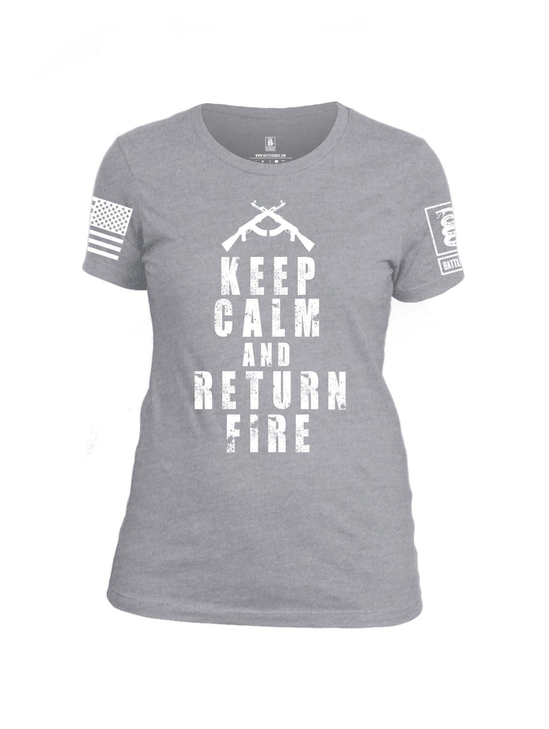Battleraddle Keep Calm And Return Fire White Sleeve Print Womens Cotton Crew Neck T Shirt