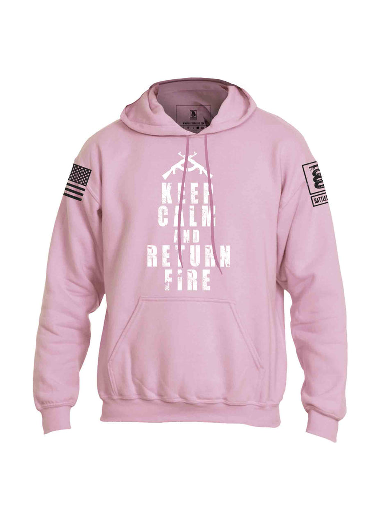 Battleraddle Keep Calm And Return Fire White Sleeve Print Mens Blended Hoodie With Pockets