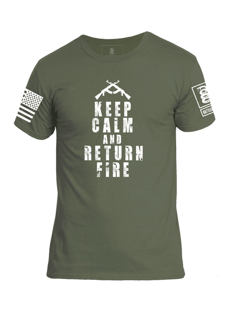Battleraddle Keep Calm And Return Fire White Sleeve Print Mens Cotton Crew Neck T Shirt