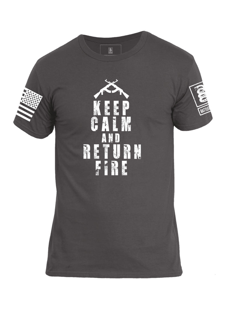 Battleraddle Keep Calm And Return Fire White Sleeve Print Mens Cotton Crew Neck T Shirt