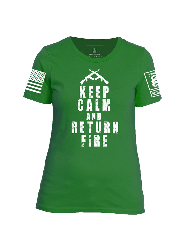 Battleraddle Keep Calm And Return Fire White Sleeve Print Womens Cotton Crew Neck T Shirt