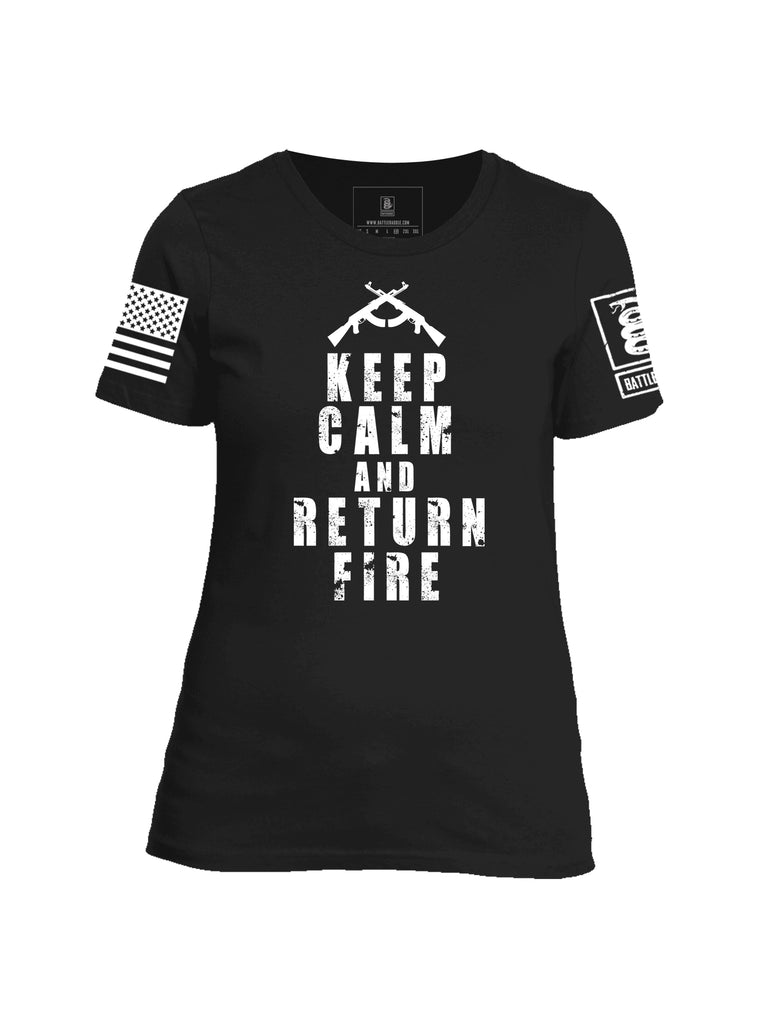 Battleraddle Keep Calm And Return Fire White Sleeve Print Womens Cotton Crew Neck T Shirt