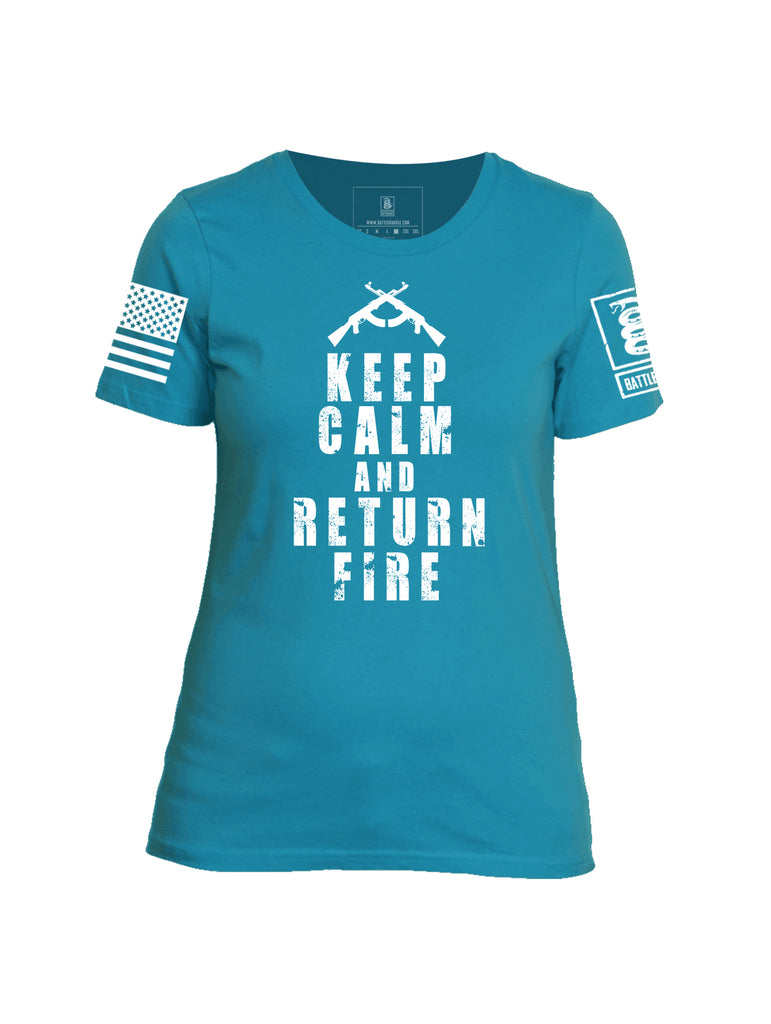 Battleraddle Keep Calm And Return Fire White Sleeve Print Womens Cotton Crew Neck T Shirt