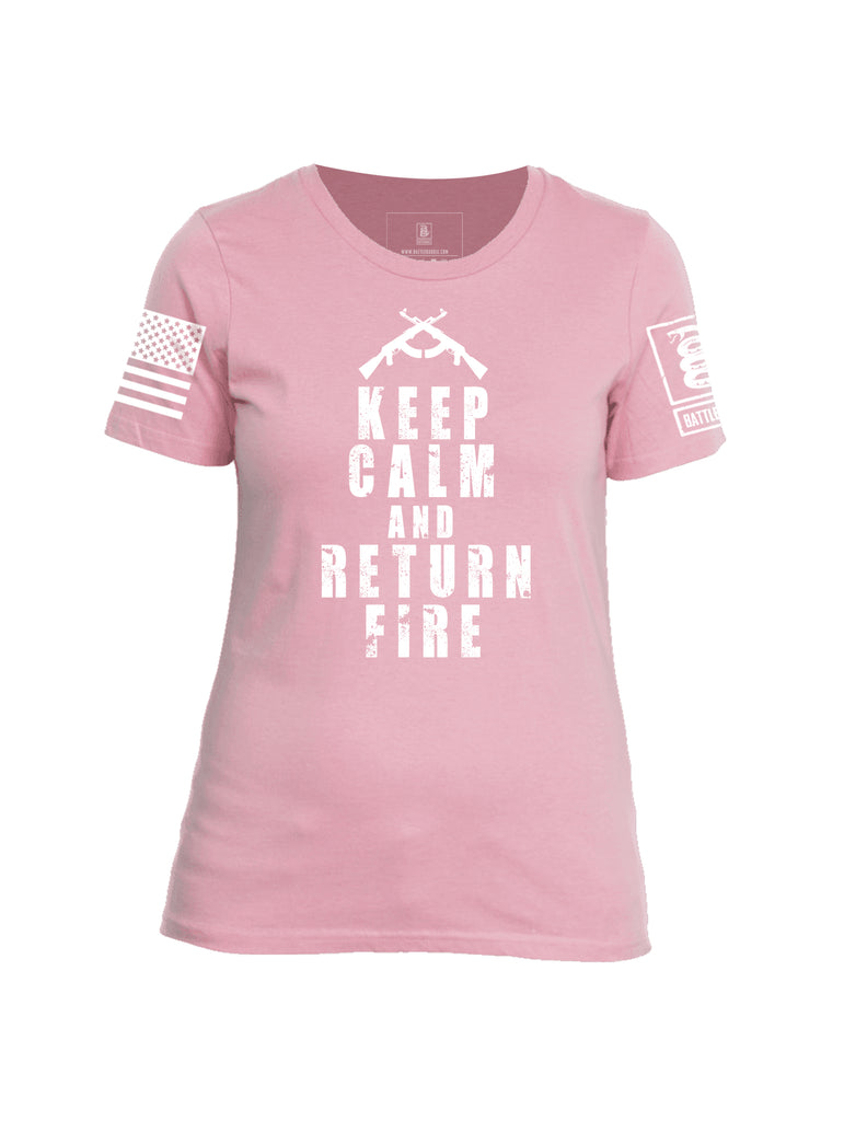 Battleraddle Keep Calm And Return Fire White Sleeve Print Womens Cotton Crew Neck T Shirt