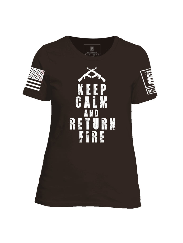Battleraddle Keep Calm And Return Fire White Sleeve Print Womens Cotton Crew Neck T Shirt