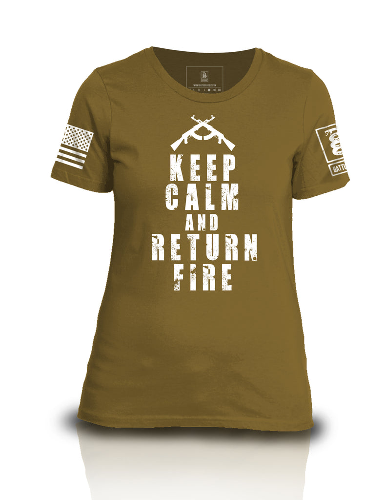 Battleraddle Keep Calm And Return Fire White Sleeve Print Womens Cotton Crew Neck T Shirt