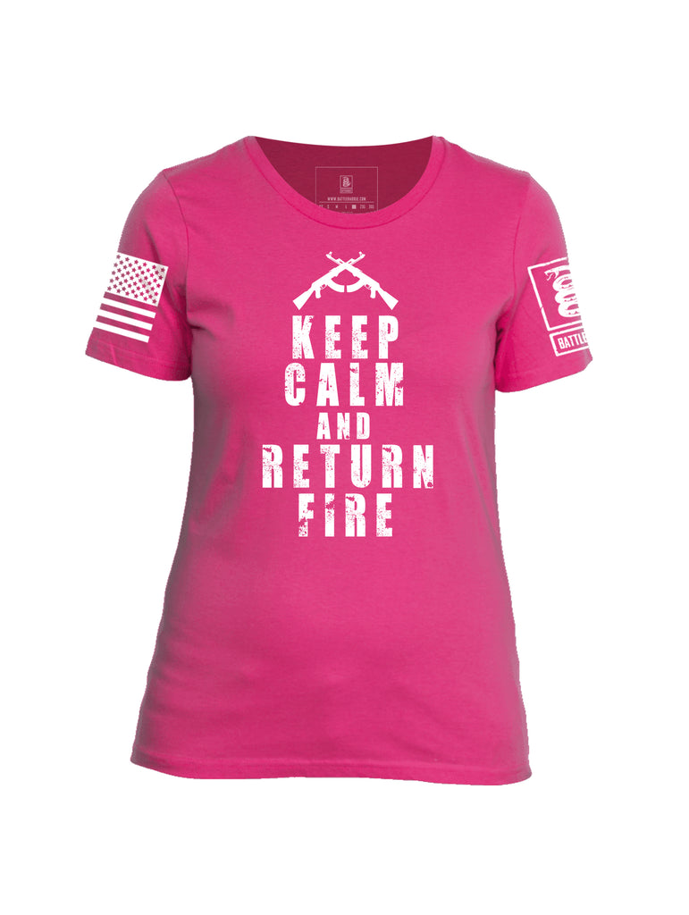 Battleraddle Keep Calm And Return Fire White Sleeve Print Womens Cotton Crew Neck T Shirt