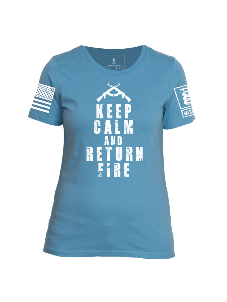 Battleraddle Keep Calm And Return Fire White Sleeve Print Womens Cotton Crew Neck T Shirt