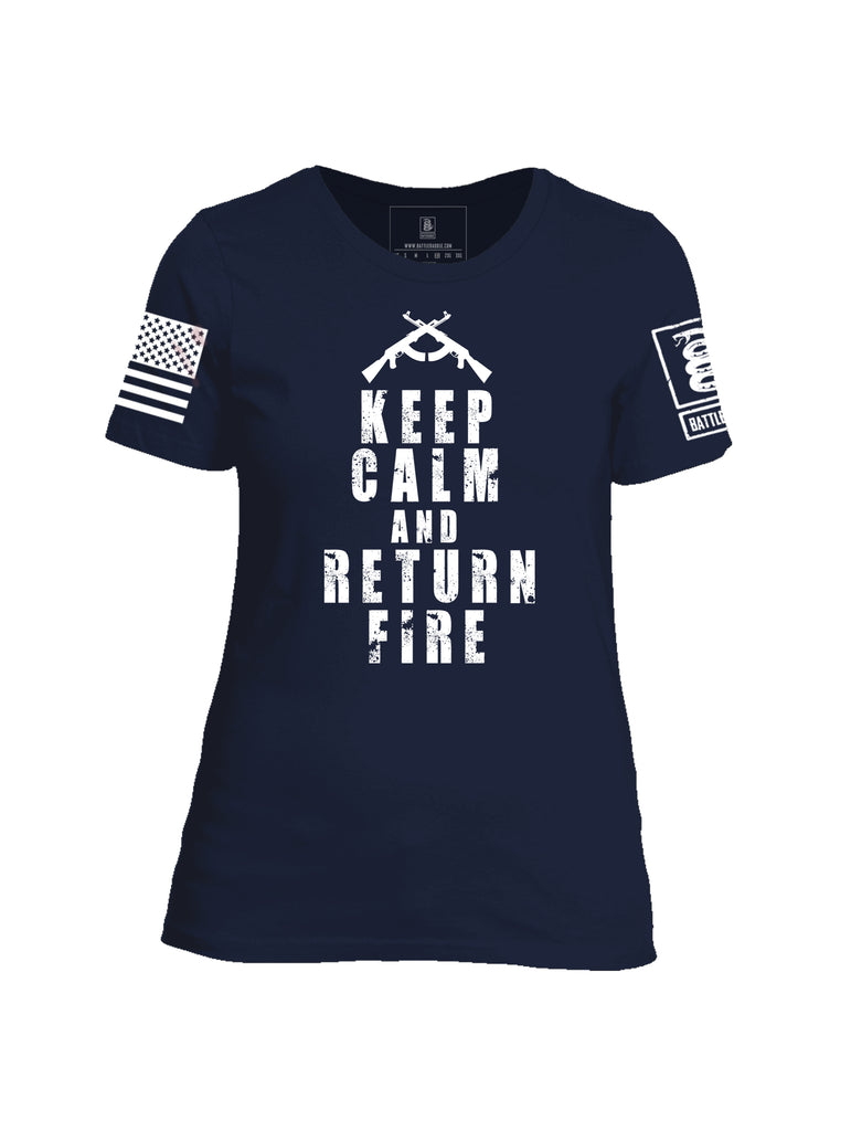 Battleraddle Keep Calm And Return Fire White Sleeve Print Womens Cotton Crew Neck T Shirt