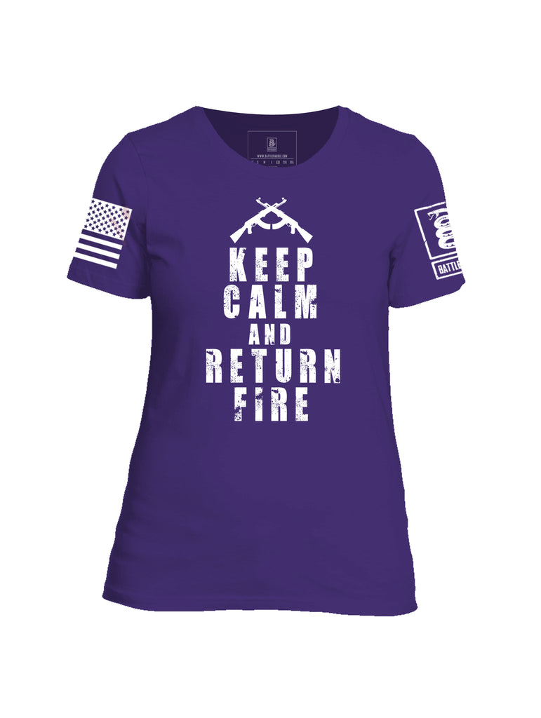 Battleraddle Keep Calm And Return Fire White Sleeve Print Womens Cotton Crew Neck T Shirt