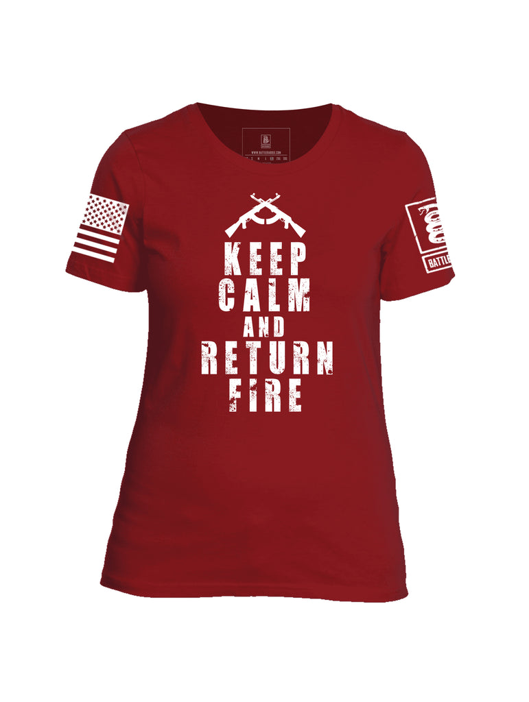 Battleraddle Keep Calm And Return Fire White Sleeve Print Womens Cotton Crew Neck T Shirt
