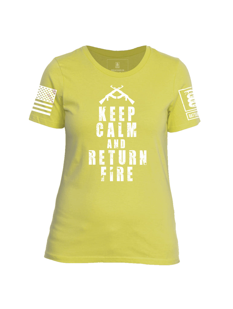 Battleraddle Keep Calm And Return Fire White Sleeve Print Womens Cotton Crew Neck T Shirt