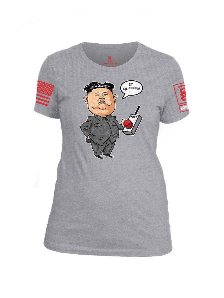 Battleraddle Kim Jong un Nuke Button it Queefed Red Sleeve Print Womens Cotton Crew Neck T Shirt