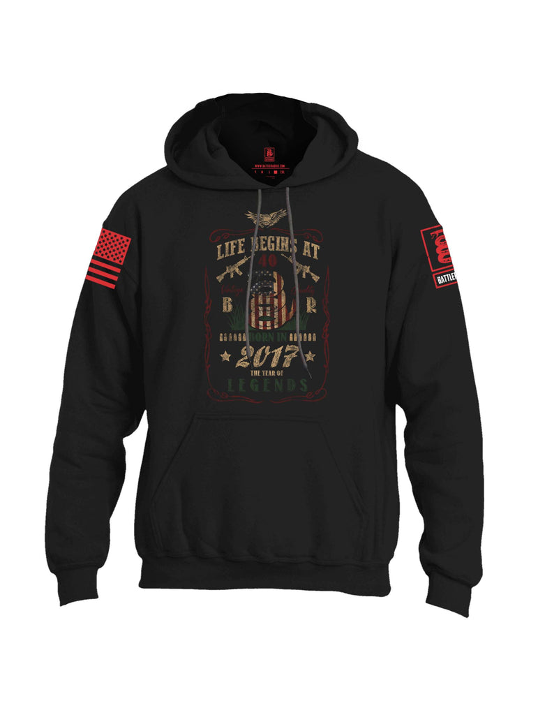 Battleraddle Life Begins At 40 Born In 2017 The Year Of Legends Red Sleeve Print Mens Blended Hoodie With Pockets