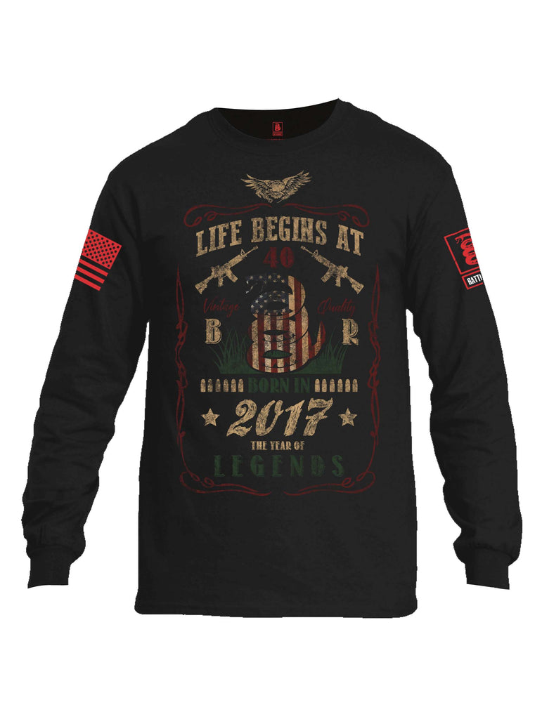 Battleraddle Life Begins At 40 Born In 2017 The Year Of Legends Red Sleeve Print Mens Cotton Long Sleeve Crew Neck T Shirt